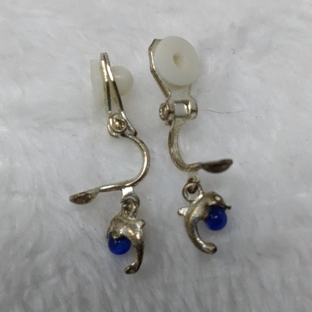 Vintage Clip On Earrings Lot Dolphin Blue Bead &  Rhinestone Y2K Coastal